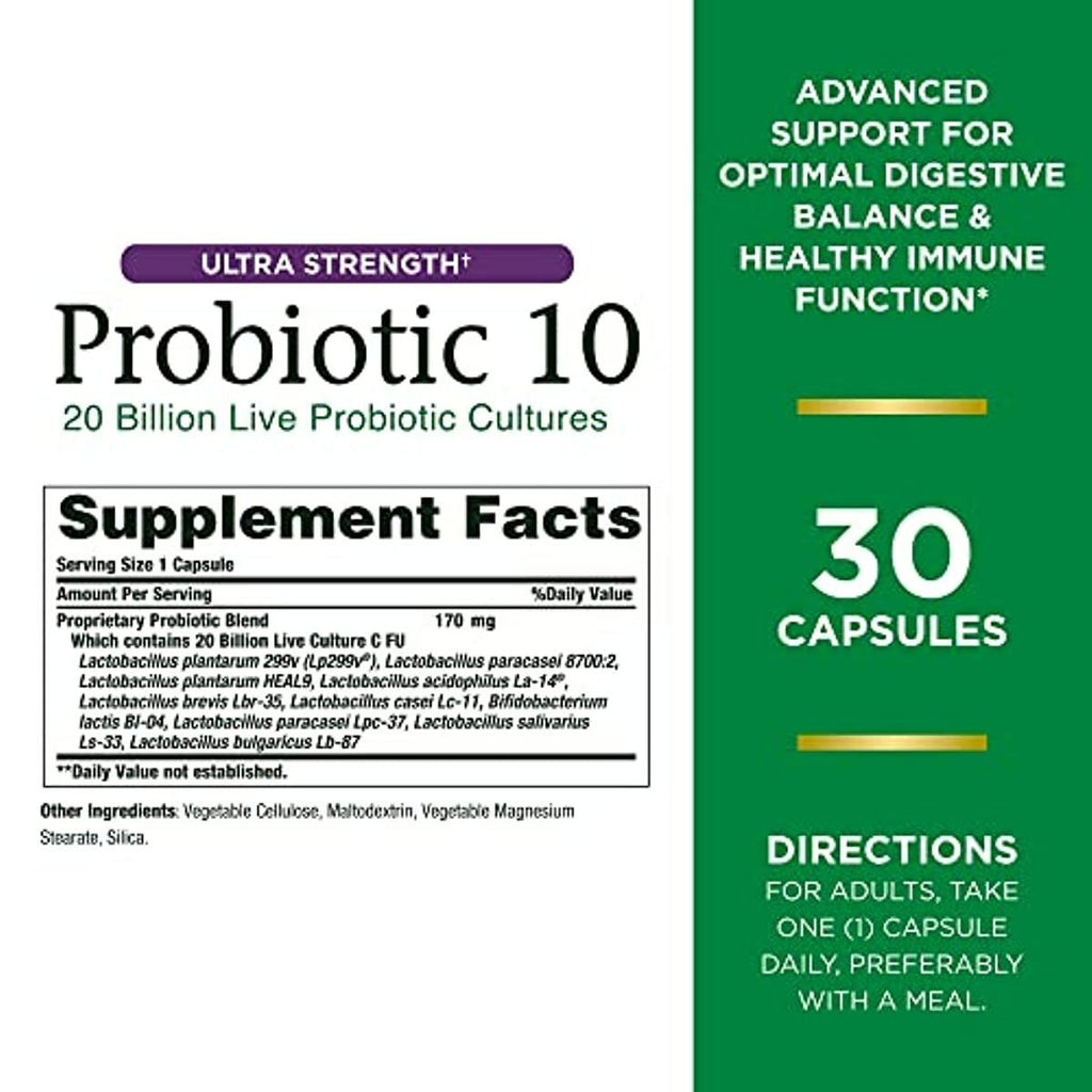 Nature’s Bounty Probiotic 10, Ultra Strength Daily Probiotic Supplement, Support for Digestive, Immune and Upper Respiratory Health, 1 Pack, 30 Capsules